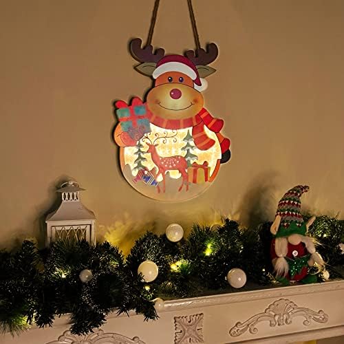 [מואר וטיימר] שלט דלת הזר לחג המולד של איילים לקישוט הדלת הקדמית סוללה פועל קופסת מתנה עץ חג המולד 16